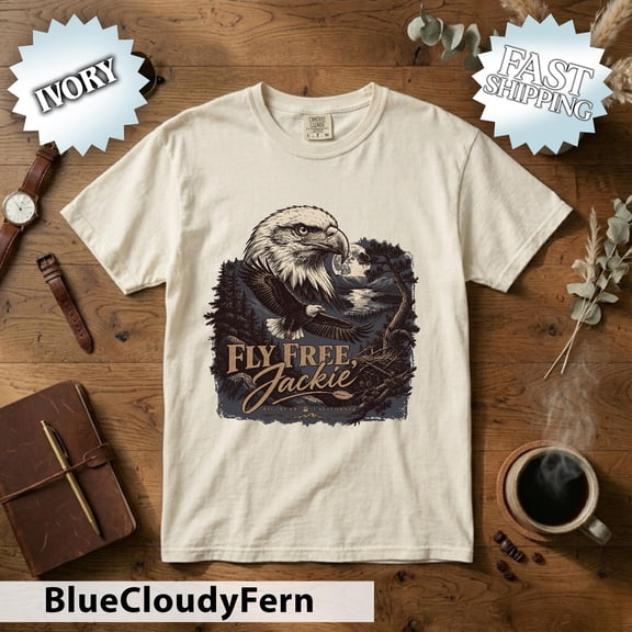 Fly Jackie Eagle Memorial T-shirt Bald Eagle Graphic Tee Ivory Wildlife Remembrance Shirt Nature Lover Apparel Bird Watcher Gift Comfort Fit Tee