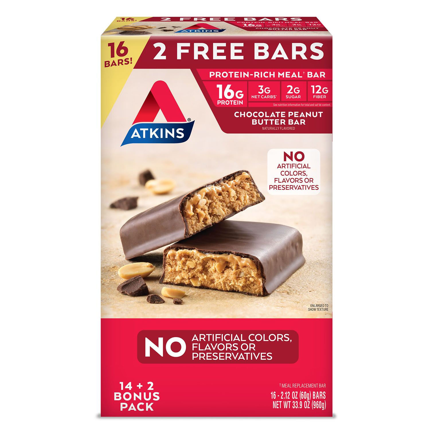 Atkins Meal Bar Chocolate Peanut Butter Pack (14 ct. + 2 Bonus Bars
