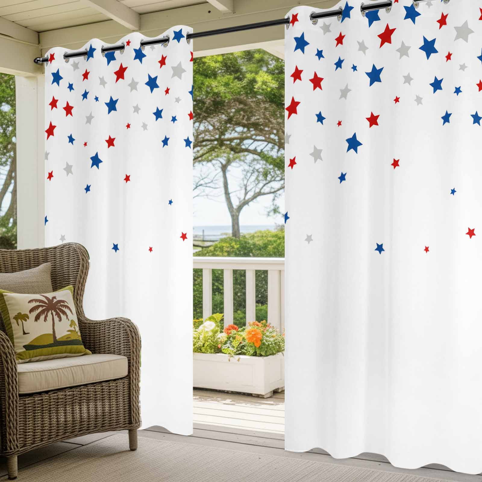 Independence Day Outdoor Curtains for Patio, Day 4th of July Ombre Blue Red Gray Star on White Sunshade Privacy Drapes Grommet Waterproof Outside Curtains for Porch/Cabana/Balcony 54"x 108", 1 Panel