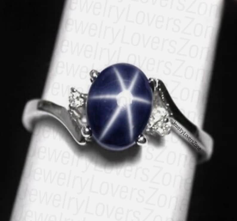 JewelryLoversZone 925 Sterling Silver Blue Star Sapphire Gemstone Ring 6-Ray Gems Engagement Ring Handmade Jewelry Gift for Women Gold 5.5