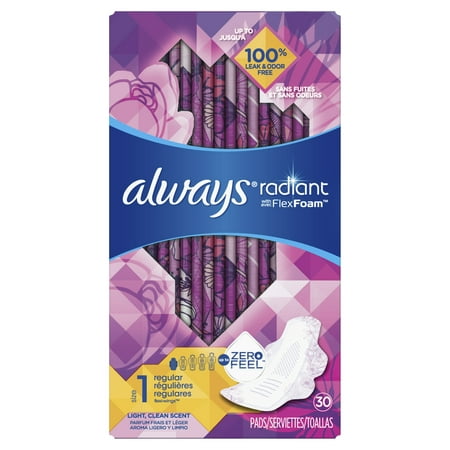 ALWAYS Radiant Regular Sanitary Pads Size 1 Light Clean Scent With Wings, 30 Count