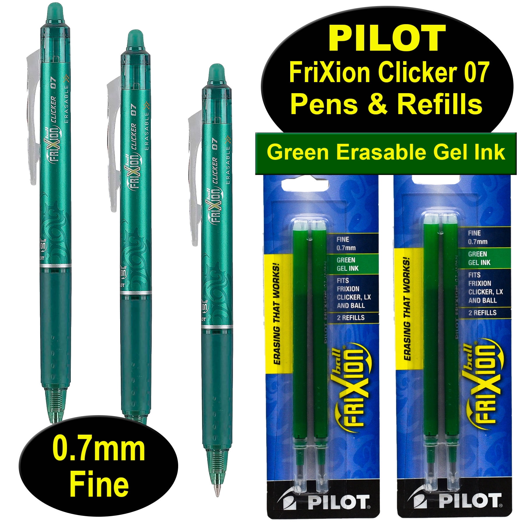 Pilot FriXion Clicker Erasable Gel Ink Retractable Pen Green Ink .7mm Dozen 