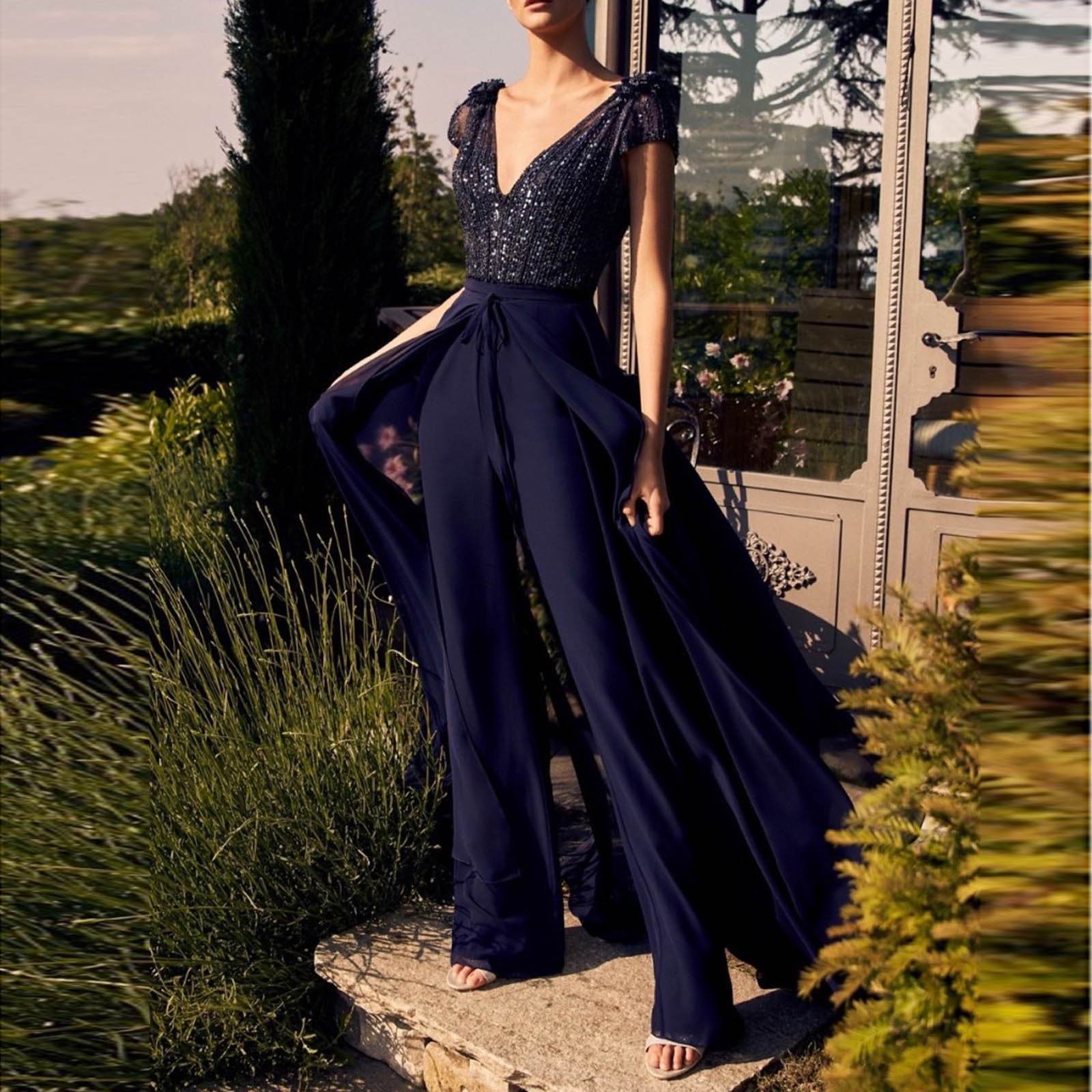Formal Jumpsuits for Women Elegant Sequin Chiffon Flowy Evening Wedding Guest Party Cocktail Dressy Long Rompers Walmart