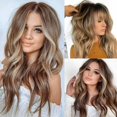 thumbnail image 1 of Perruque Ondulée Naturelle pour Femmes Brun Blond Synthétique Cheveux Longs Complets, 1 of 10
