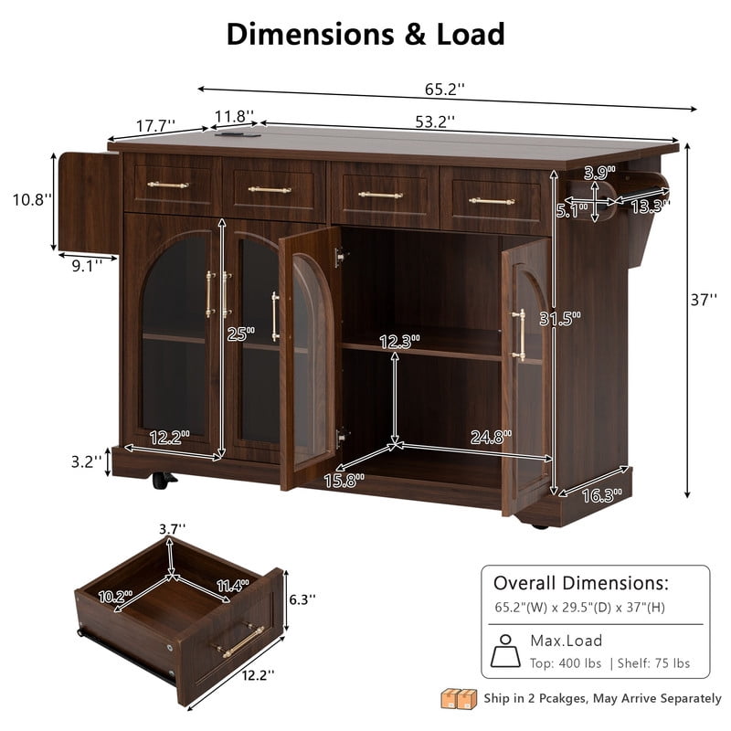Rolling Kitchen Island Cabinet with Drawers & Drop Leaf, Storage Cart on Wheels with Arched Glass Doors, Power Outlet & Spice Rack