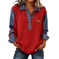 thumbnail image 3 of Women's Waffle Knit Denim Trim Collared Pullover Vintage Half Button Long Sleeve Casual Jean Tops, #02 Deep Red, S, 3 of 7