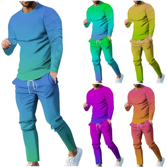 Miluxas Gradient Tracksuit for Men's Long Sleeves O-Neck T-Shirt Tops and Sweatpant 2PC Set Fashion Jogger Sportwear Suit Yellow