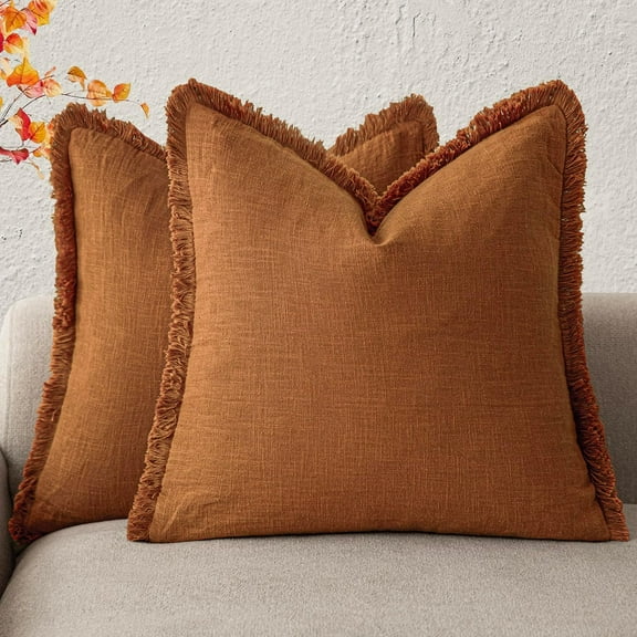 Set of 2 Decorative Linen Fringe Throw Pillow Covers Cozy Boho Farmhouse Cushion Cover with Tassels Soft Accent Pillowcase for Couch Sofa Bed Living Room Home Decor, 20×20 Inch, Orange