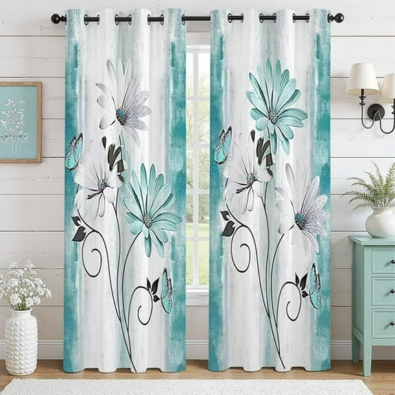 Teal Floral Blackout Curtains, Farmhouse Black Out Curtains For Bedroom Grommet Drapes Window Rustic Patterned Farm Daisy Floral Flowers And Butterfly Curtain 42"W x 63"L (Pack of 2)
