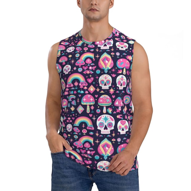 Balery cute Skull rainbow mushroom Camisetas sin mangas para hombre, absorbe la humedad y protege contra el mal olor.-3X-Large