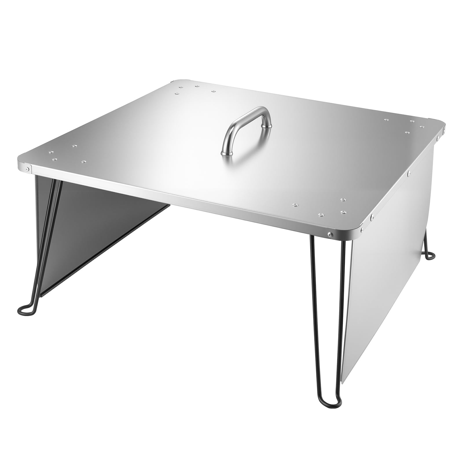 KFFKFF Square Fire Pit Heat Shield, 25.4x25.4x14.6 inch Outdoor Burner Cover, Stainless Steel Wood Burning Heat Reflector with Foldable Legs & Carry Handle for Camping and Bonfires