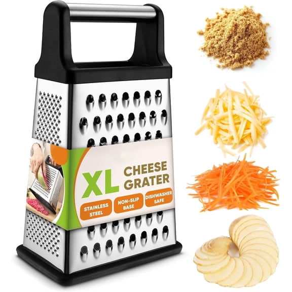 Professional Cheese Grater - Stainless Steel, XL Size, 4 Sides - Perfect Box Grater for Parmesan Cheese, Vegetables, Ginger - Dishwasher Safe - Black