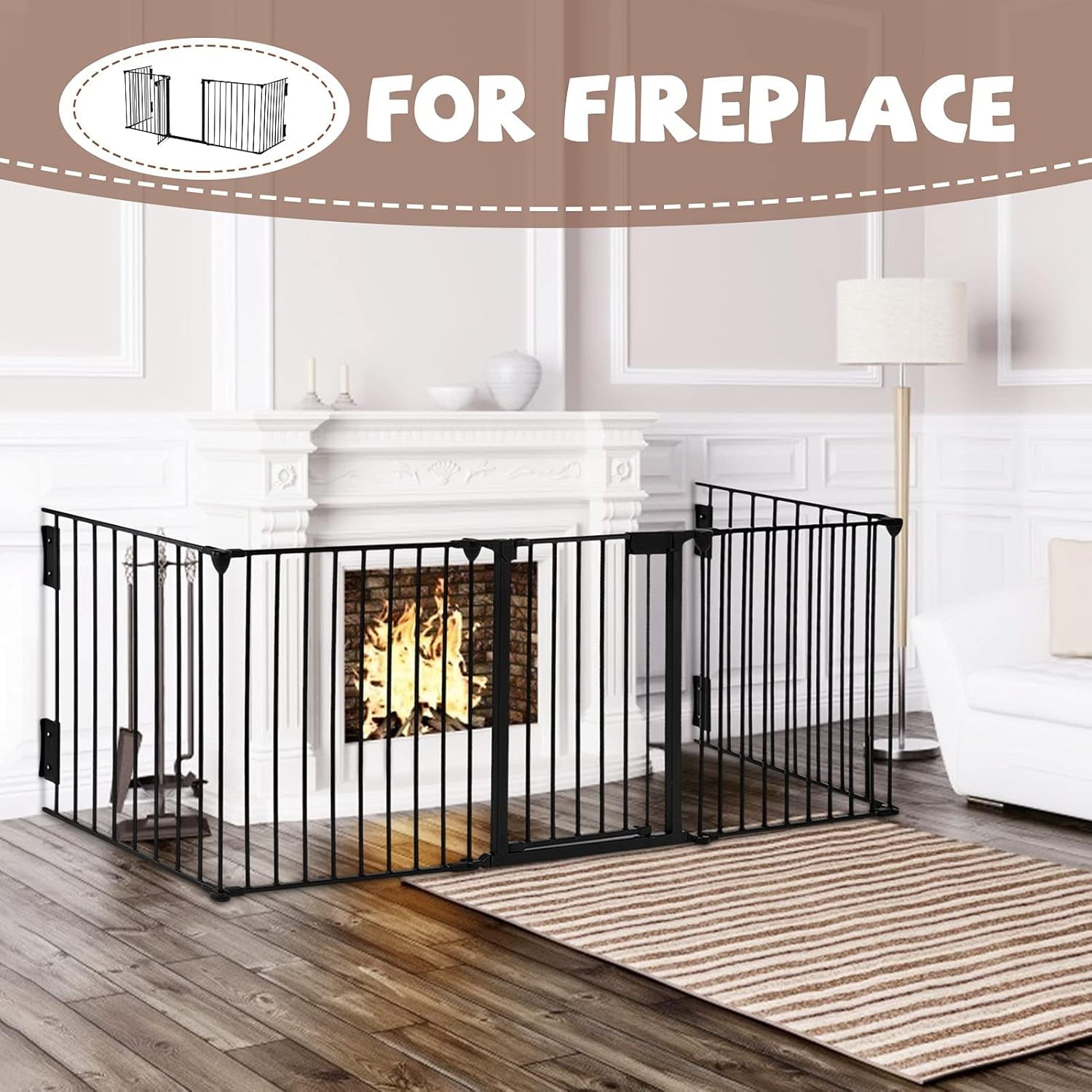 Blotout 118'' Wide Fireplace Safety Fence, Metal Baby Gate with Door, Safety Fence for Baby/Pets/Dogs, 5-Panel