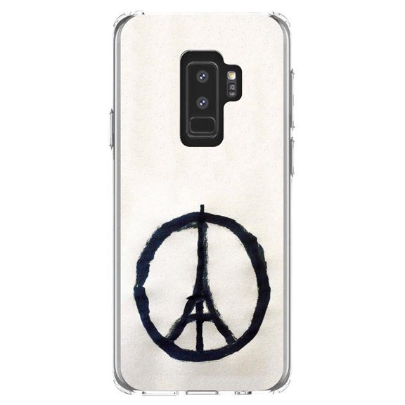 DistinctInk Clear Shockproof Hybrid Case for Samsung Galaxy S9  PLUS (6.2" Screen) - TPU Bumper, Acrylic Back, Tempered Glass Screen Protector - Paris Peace Symbol - Paris