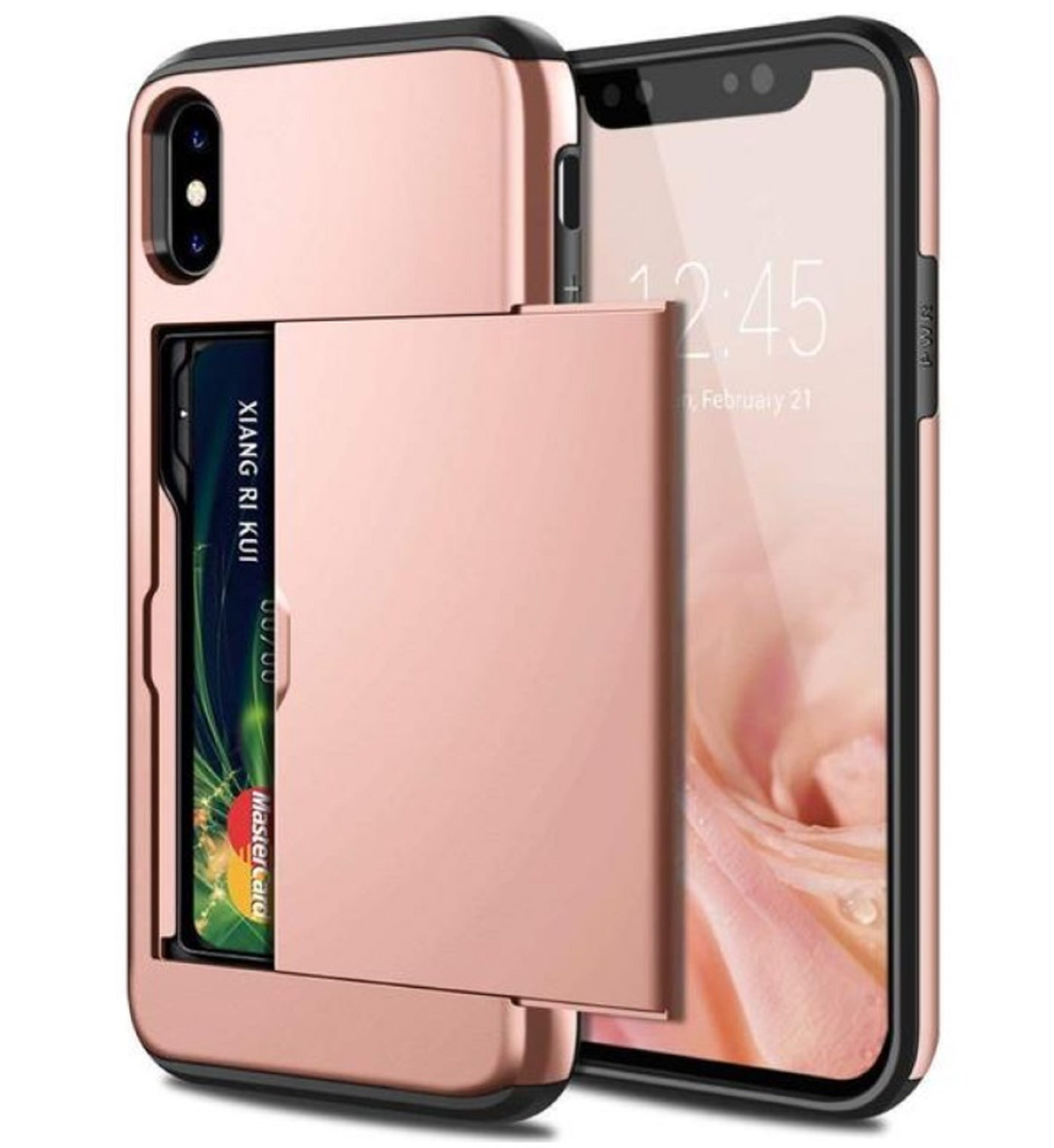 Card Holder iPhone XR Case (Rose Gold) Dual Layer Shockproof Wallet