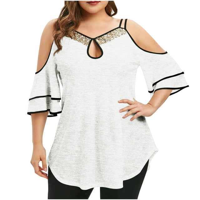 Timegard Plus Size Tops for Women Keyhole Neck Cold Shoulder Ruffle 1/2 Sleeve Comfy Tee Casual Tunic Tops