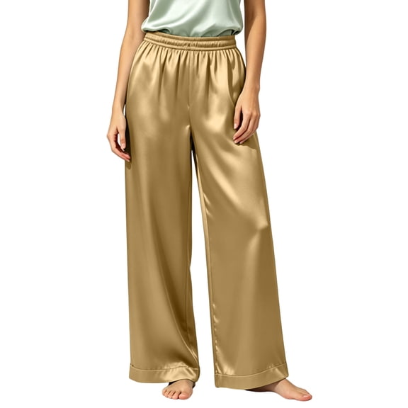 Karymi Jeans for Women Satin High Waist Wide Leg Pants, Elastic Waist Lounge Trousers with Side Pockets, Solid Casual Sleepwear & Loungewear Pants Women's Clothing