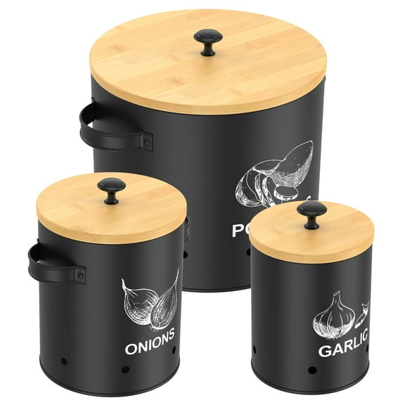 3Pcs 3 Sizes Vegetable Storage Tin with Bamboo Lid Stackable Potato Onion Garlic Jar with Ventilation Hole Handle for Countertop Pantry
