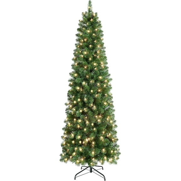YESSW 4ft Prelit Artificial Hinged Slim Pencil Christmas Tree with Warm White Lights, Full Branch Tips, Good Choice Decoration for Xmas Holiday,Green