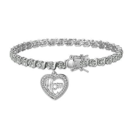 Rhodium Plated Diamond Accent "Mom" Charm Tennis Bracelet, 7.25"
