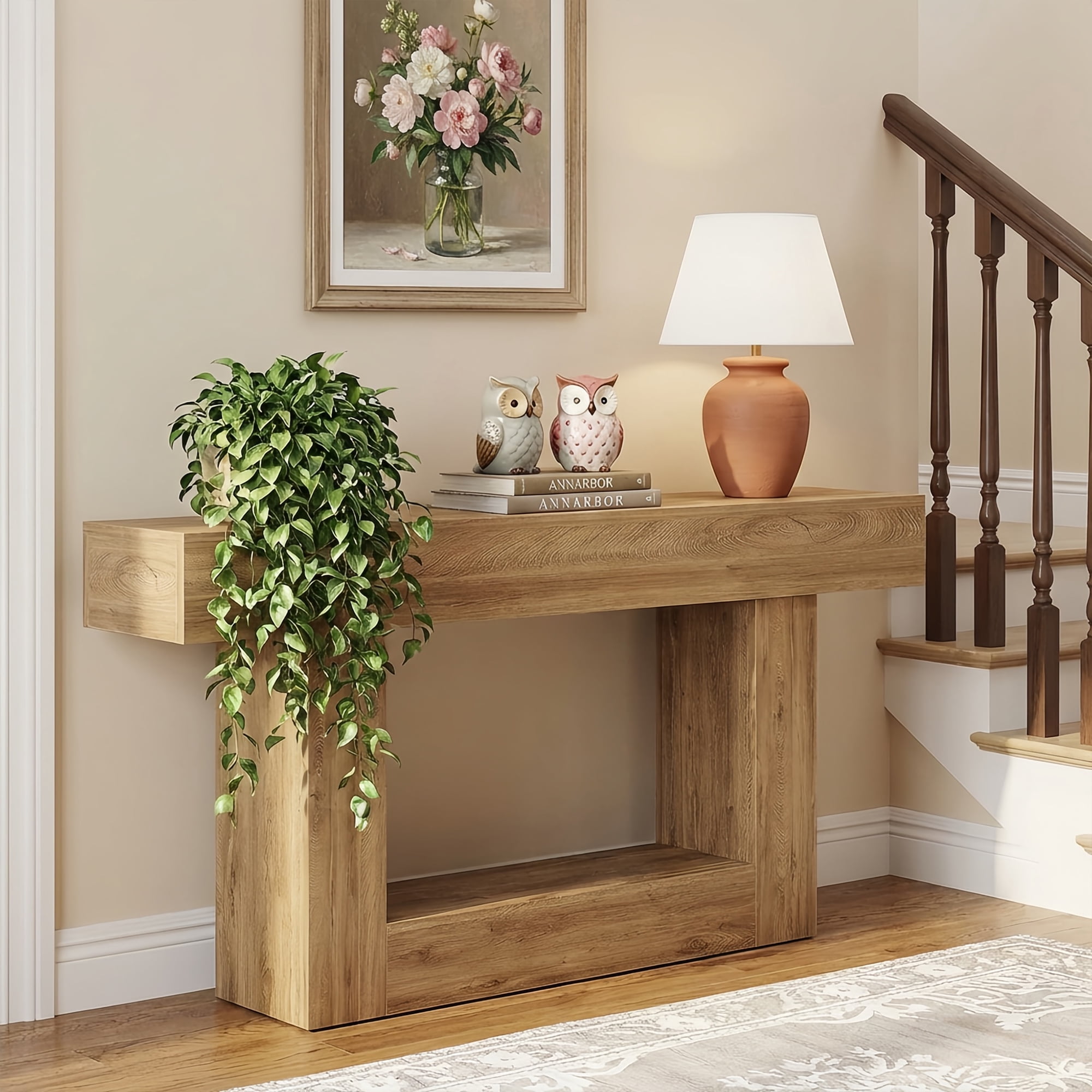 63" Farmhouse 2-Tier Console Table, U-Shaped Base Entryway Table, Narrow Wood Sofa Table Behind Couch for Living Room & Hallway (Light Brown)