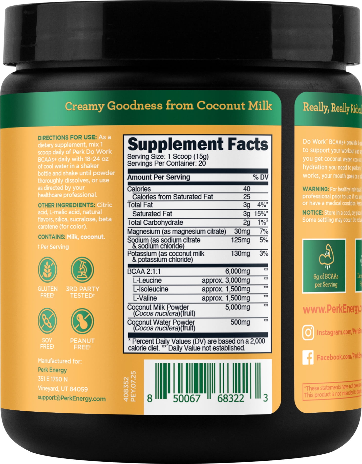 Perk Do Work BCAA + Hydration Electrolytes Powder (Tropical Vanilla Créme) 20 Servings - with Coconut Water & Coconut Milk, Gluten-Free, Soy-Free
