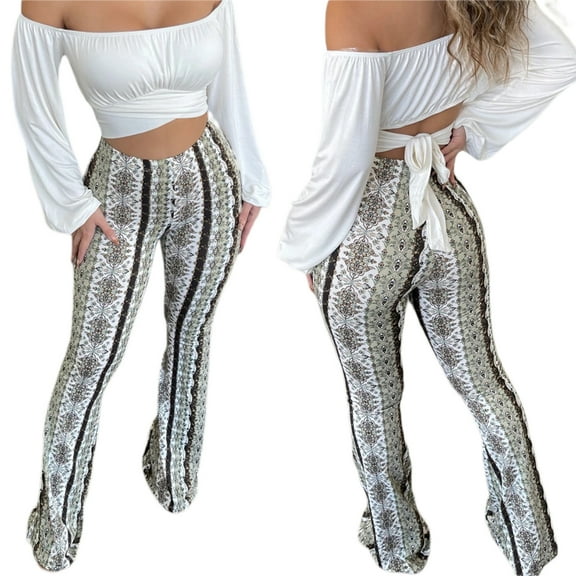 Women's Boho High Waist Flare Pants Stretch Bell Bottom Yoga Pants Hippie Flared Legging Palazzo Pants Trousers Plus Size S-3XL