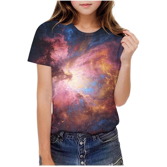 Tshirts for Girls Galaxy Printed Crewneck Pullover Tops Fashion Loose Short Sleeve Shirt Size 3-14