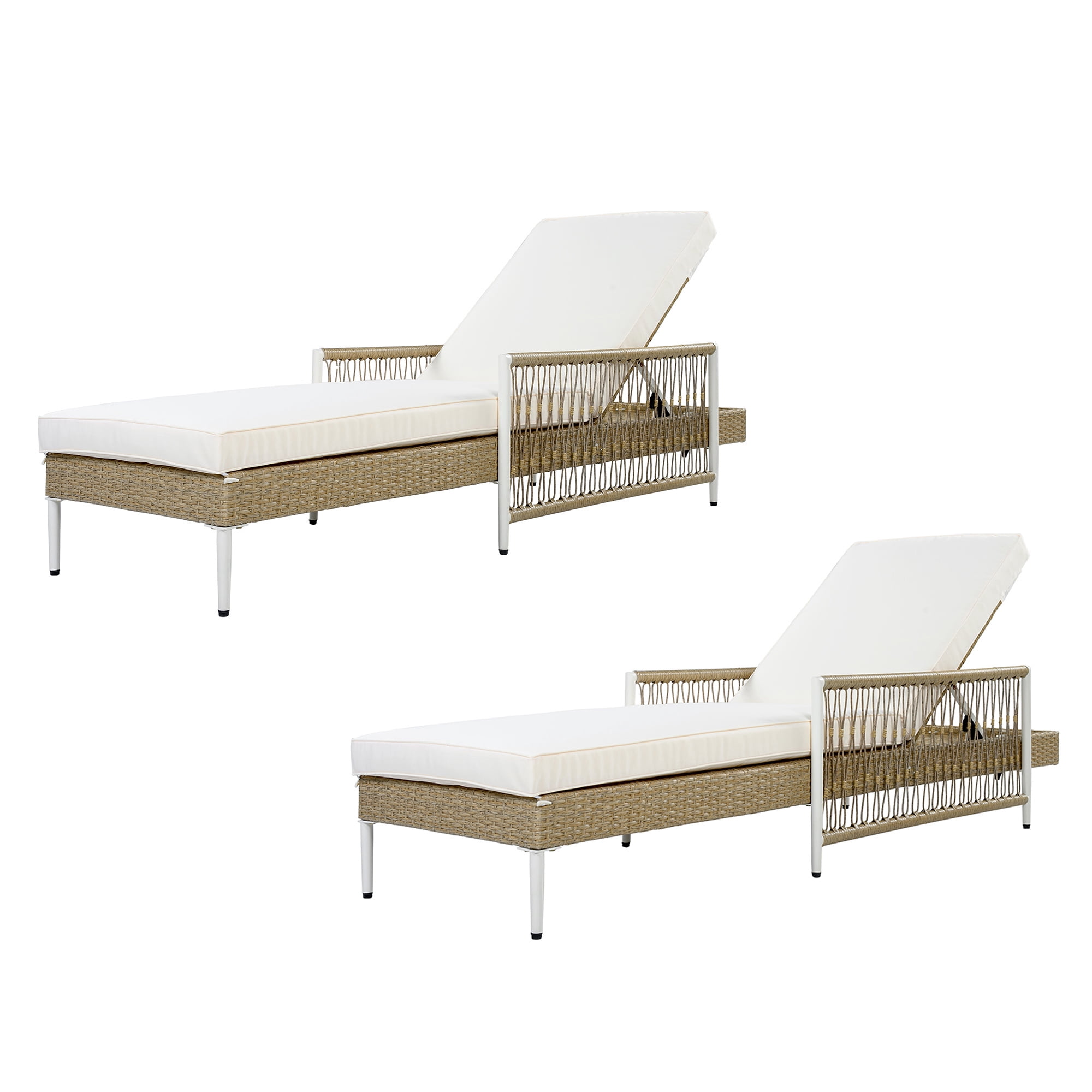 Leumius Set of 2 Outdoor Chaise Lounge, Minimalist All-Weather Patio Wicker Lounge Chair with 6 Gear Adjustable Recliner, Arms and Cushion for Poolside, Deck Beige