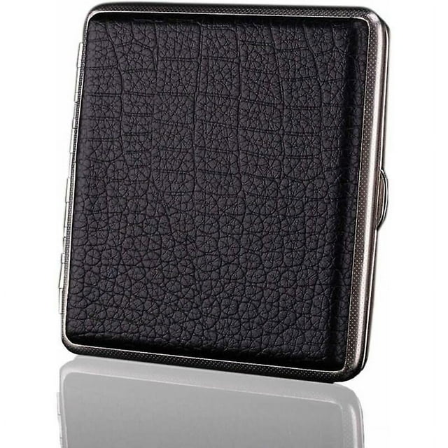Cigarette Case, Leather Cigarette Case Holder Metal Frame, Holds 20 Cigarettes (Black)