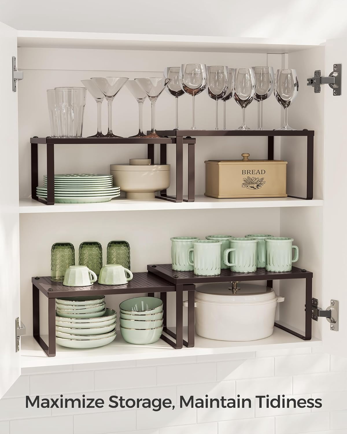 2 Pack Spice Rack, Cabinet Shelf Organizers, Shelf Organizer, Countertop Organizer, Shelf Riser, Stackable, Expandable, Metal Kitchen Counter Shelves, Brown