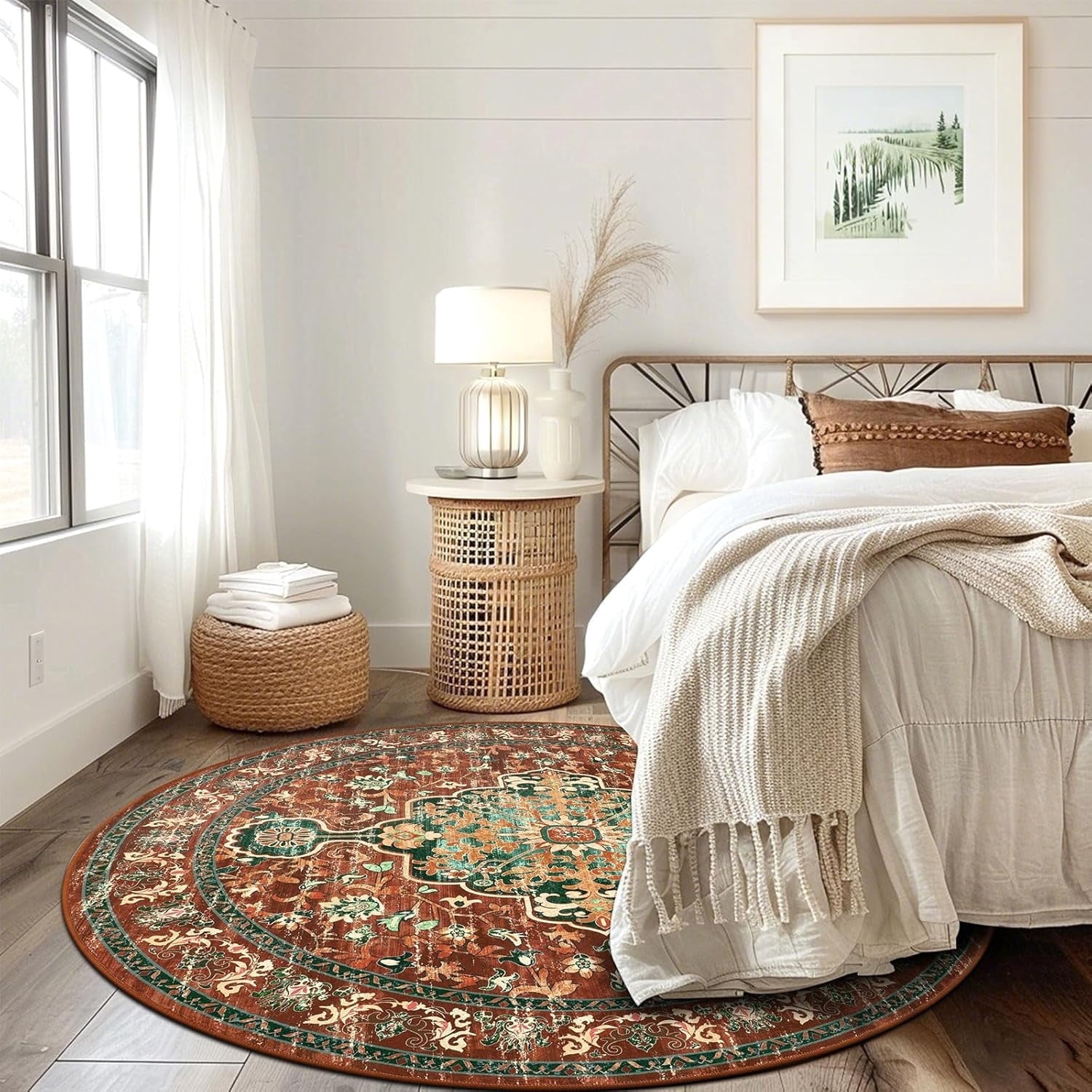 4 ft Round Area Rug, Yamaziot Boho Vintage Oriental Circle Carpet, Washable Non Slip Non Shedding Soft Faux Indoor Floor Mat Rug for Bedroom Living Room Sofa Office, Brown