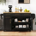 thumbnail image 3 of K&K 59.3" Kitchen Island with Storage 2 Pull Out Cabinet Organizers & Rubber Wood Drop Leaf, Rolling Kitchen Island with Trash Can Storage, Power Outlet, Spice & Towel Rack for Kitchen, Dining, Black, 3 of 22