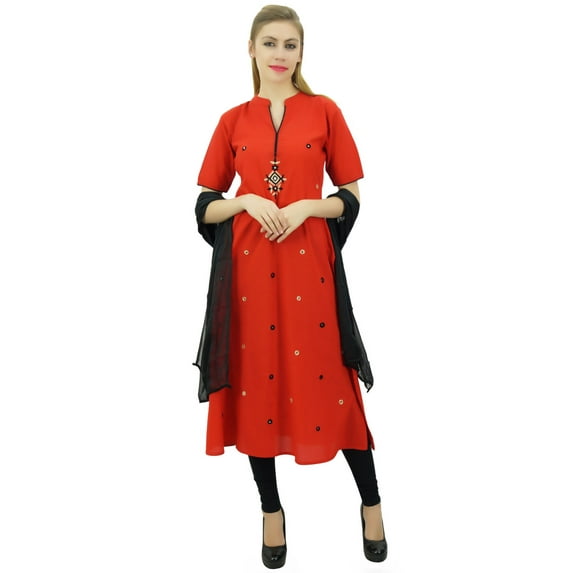 Atasi Women's Red Cotton Embroidery A-Line Straight Kurti Designer Clothing-18