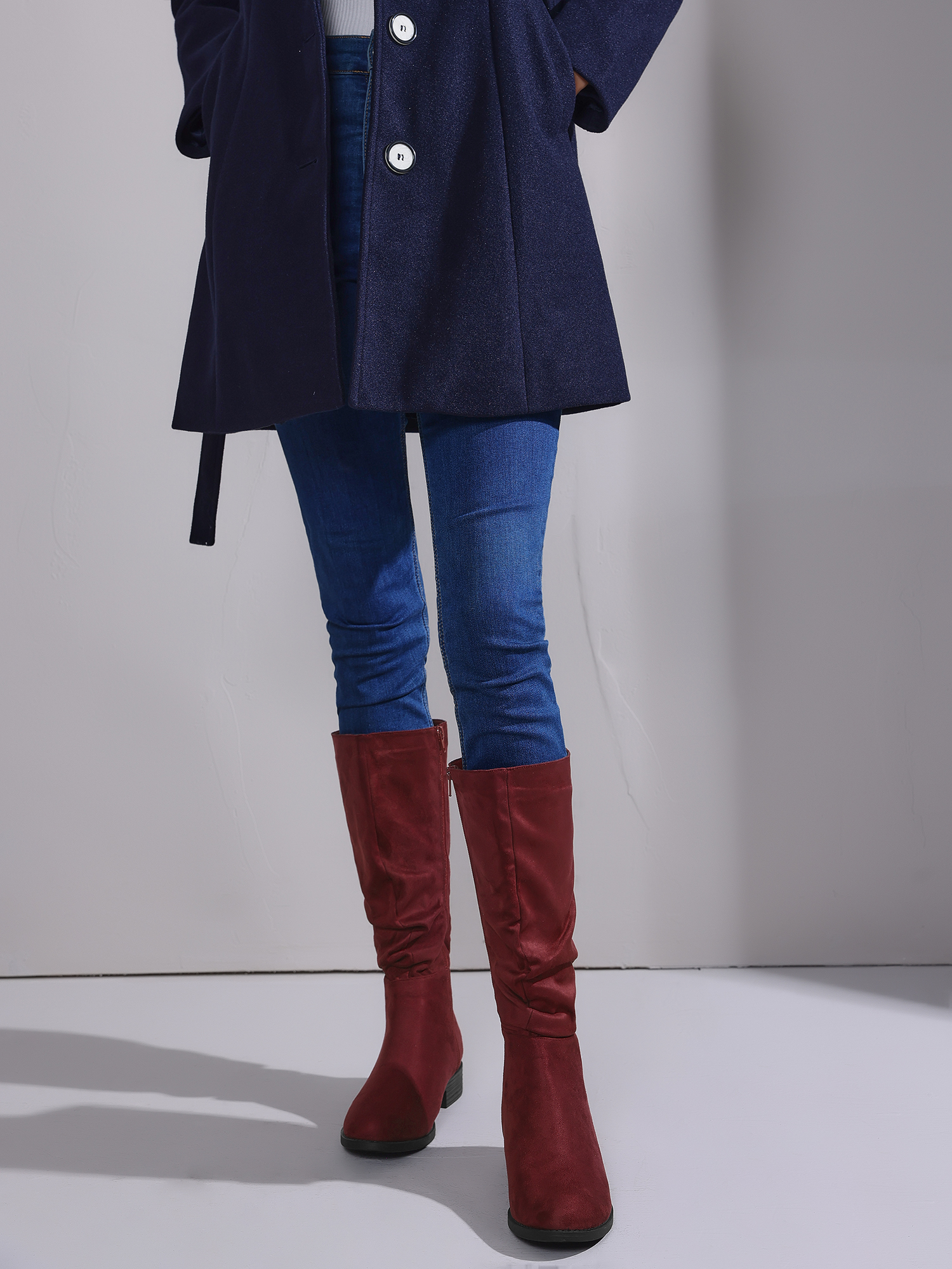 DARING DIVA Women's Round Toe Slouches Block Heels Knee High Boots Burgundy 9