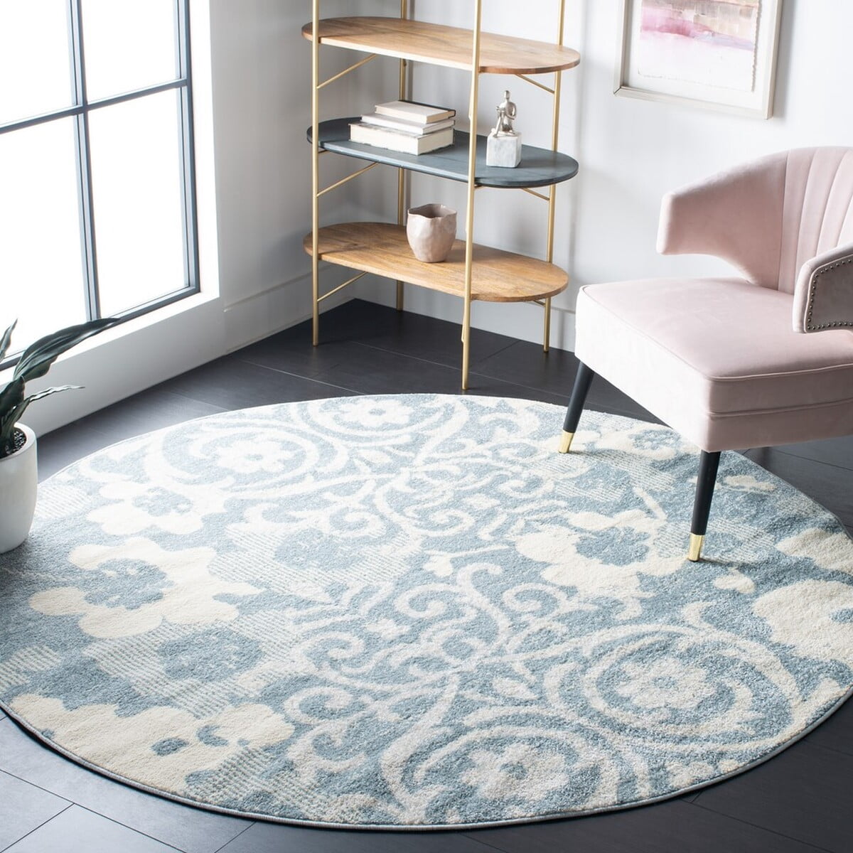 SAFAVIEH Adirondack Hortense Floral Area Rug, Grey/Ivory, 6'7" x 6'7" Round