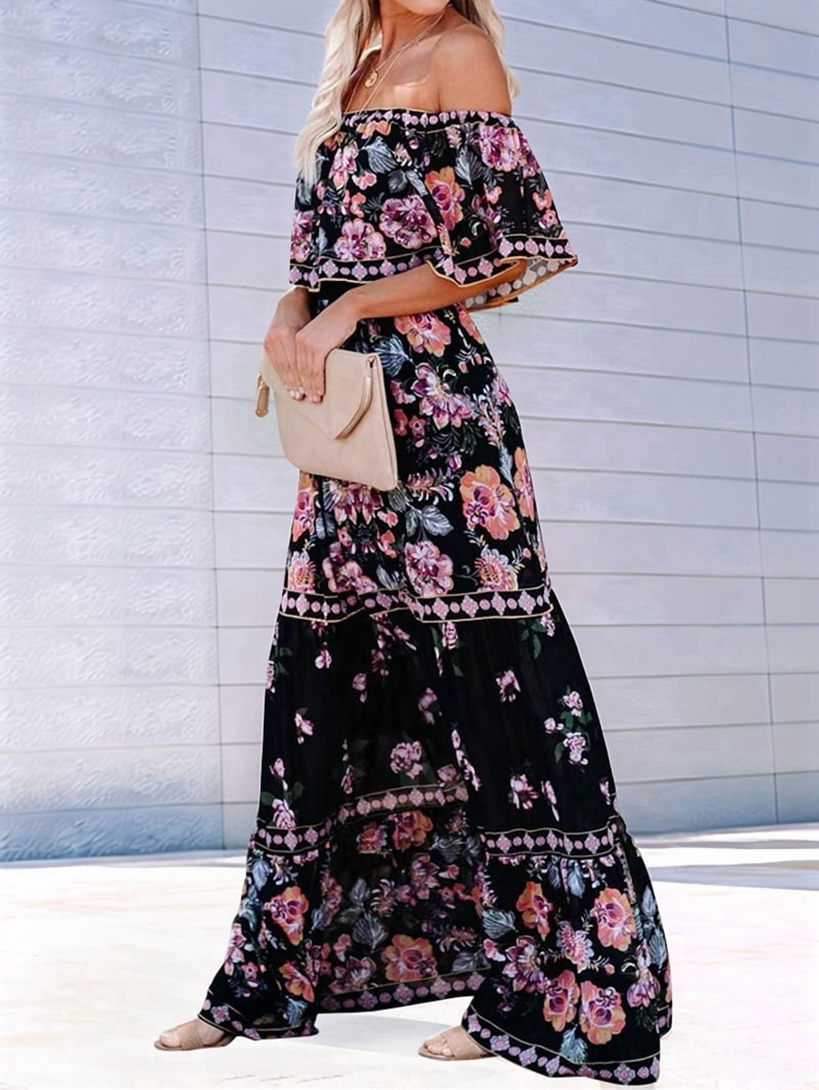 Women'S Mexican Dress Summer Floral Print Off the Shoulder Sleeveless Beach Long Maxi Dress Black L