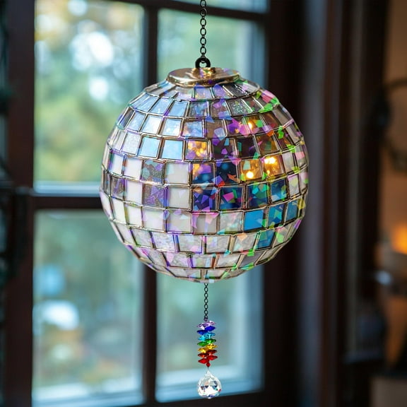 Holographic Disco Ball Acrylic Suncatcher, Mosaic Faux Stained Glass Sphere With Crystal Charm, Party Decor Gift For Dance Lovers
