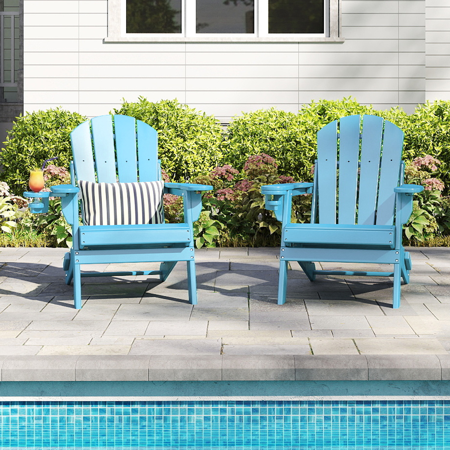 FODINGHILL Outdoor Folding Adirondack Chair set of 2, HDPE All Weather Patio Chair with Cup Holder for Deck Backyard Garden, Arctic