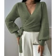 thumbnail image 4 of Women'S Casual V Neck Wrap Sweater Pullover Long Sleeve Slim Fit Knit Crop Top Sweater Grass Green XL, 4 of 9