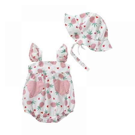 

GYRATEDREAM Newborn Toddler Baby Girl Sleeveless Bodysuit Romper Infant Straps Strawberry Print Sunsuit Hat Set Pink 18-24 Months