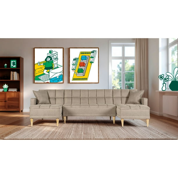 Sala Modular Doble Chaise Makora Travis con Memory Foam, Color Arena Lino Respaldo Reclinable de 3 Posiciones