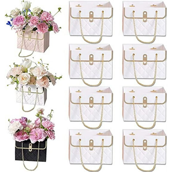 NAMZI 8pcs Flower Paper Gift Box, Bouquet Bags Flower Box with Handle Gift Case, Flower Boxes for Arrangements Wedding Valentine's Day Gift Wrap Bags (White)