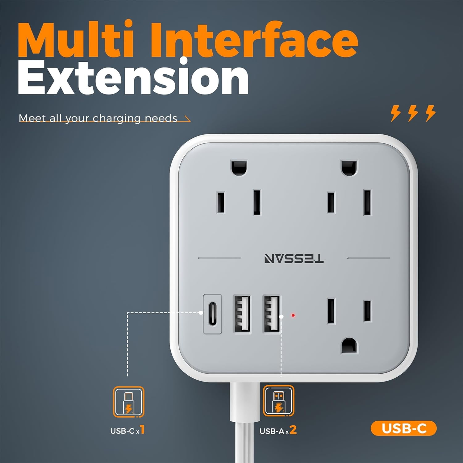 Ultra Thin Flat Extension Cord 5 FT Slim Power Strip with USB Ports (1 C) Surge Protector Plug Wall Charger 3 Outlets for Office School Dorm Room Essentials
