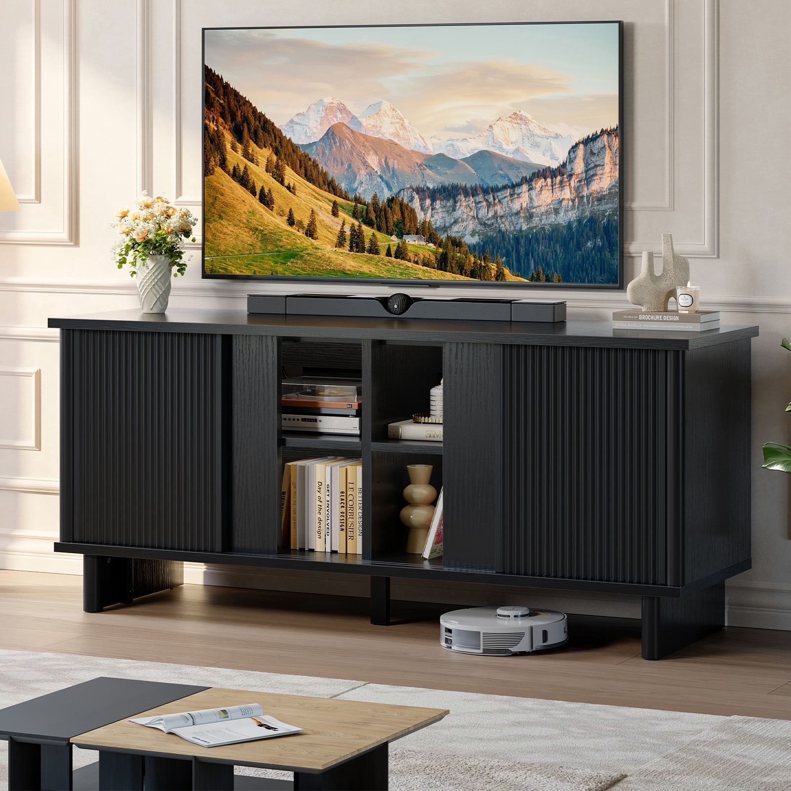 Bestier Fluted TV Stand for 65 inch TVs,Entertainment Center with 4-Sliding Doors,Height Adjustable Shelves,Media Console Table with Cable Management, TV Cabinet for Living Room,Black