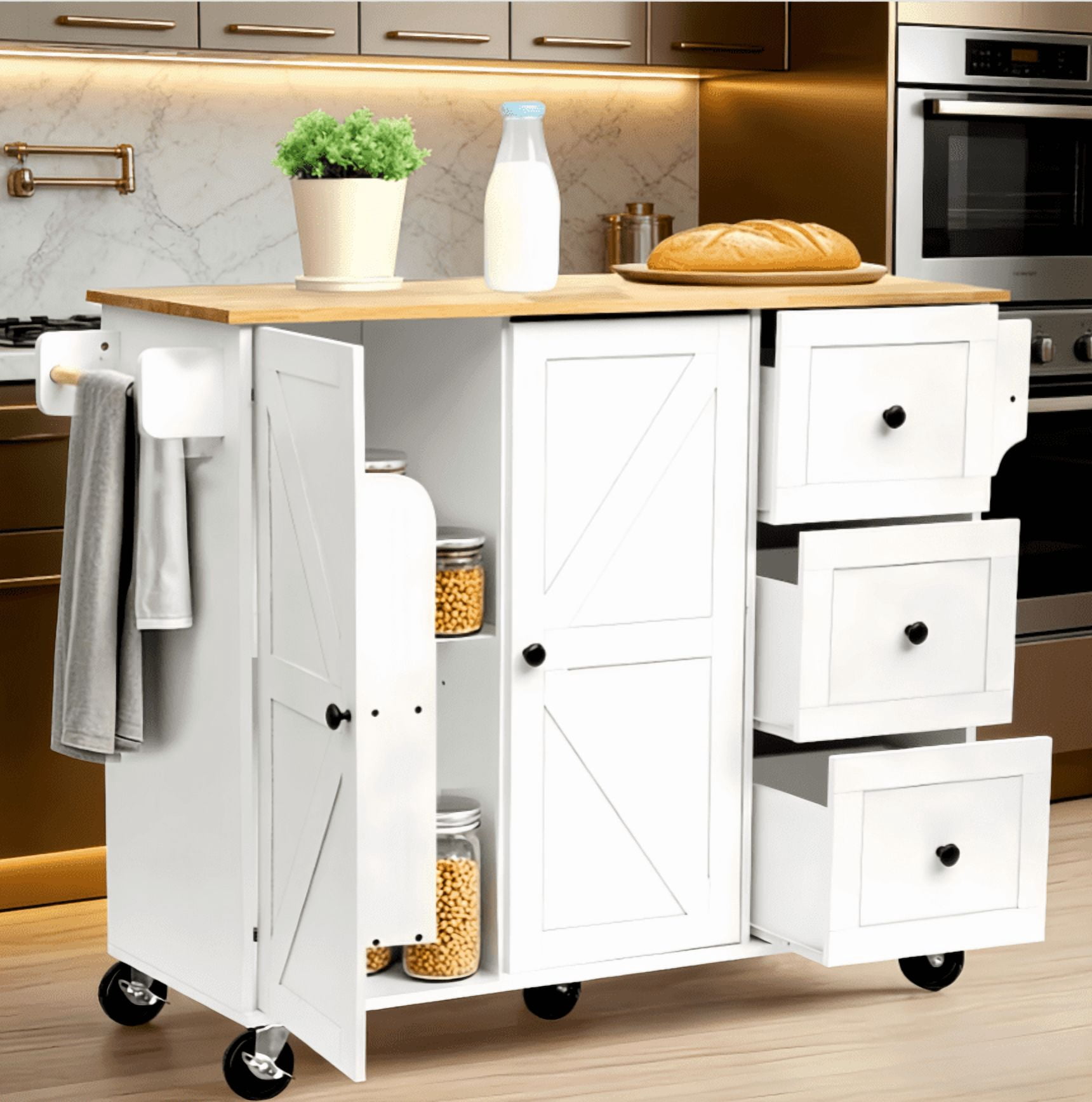 【HOSTK】White Rolling Kitchen Island Cart with Storage Cabinet, Drawer, Wine Rack & 2 Adjustable Shelves, Mobile Kitchen Storage Cabinet on Wheels