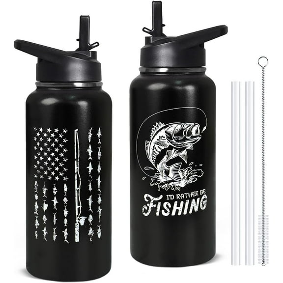 32oz Stainless Steel Insulated Water Bottle with Straw for Fishing, Gym, Hiking, Sports | Reusable Coffee Mug Cup | Fishing Accessories