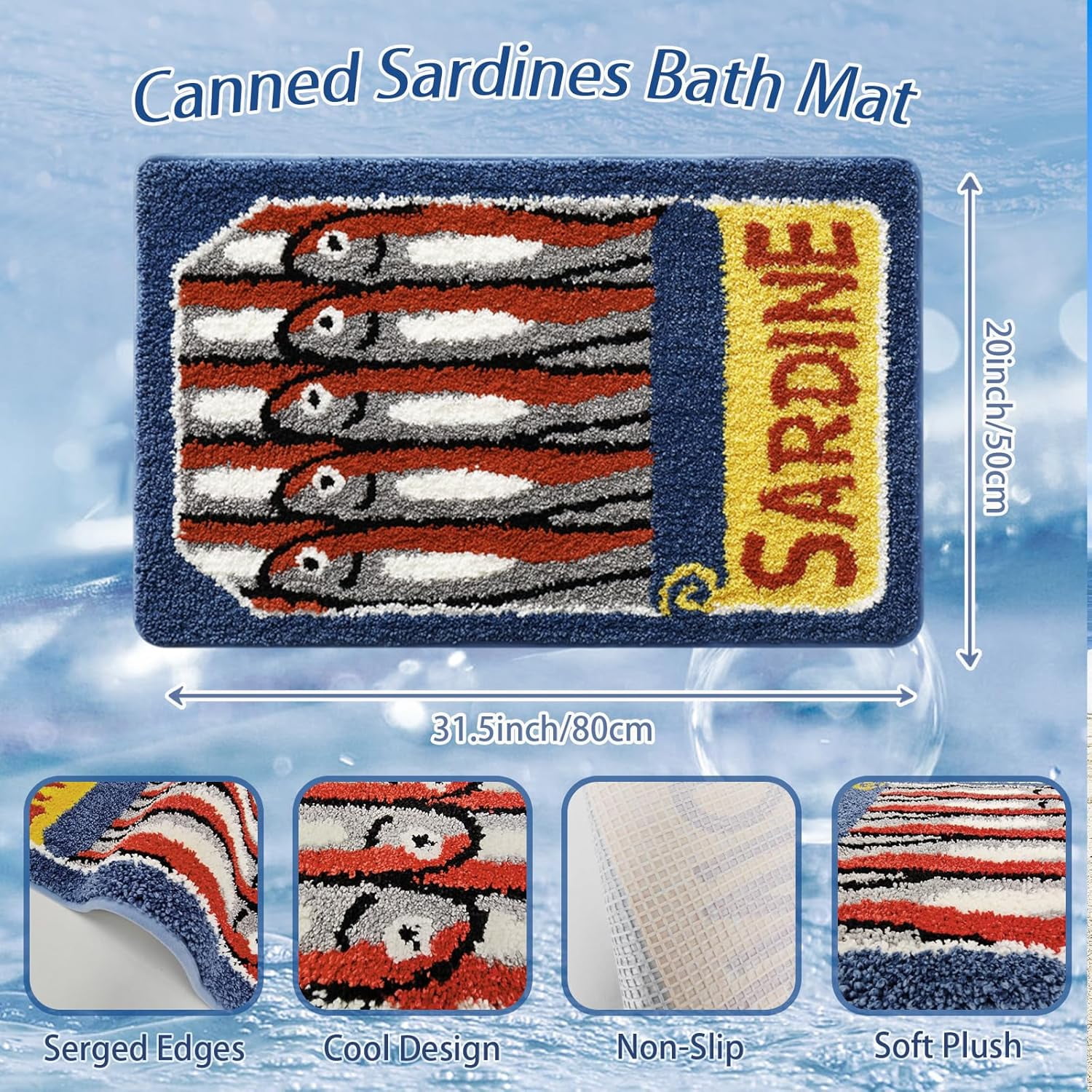Canned Sardines Bath Mat, Full Can Design with Stacked Little Fish Non-Slip Rug Soft Absorbent Plush, Machine Washable Retro Ocean Decor for Bathroom Bedroom Entrance 20x31 Inch