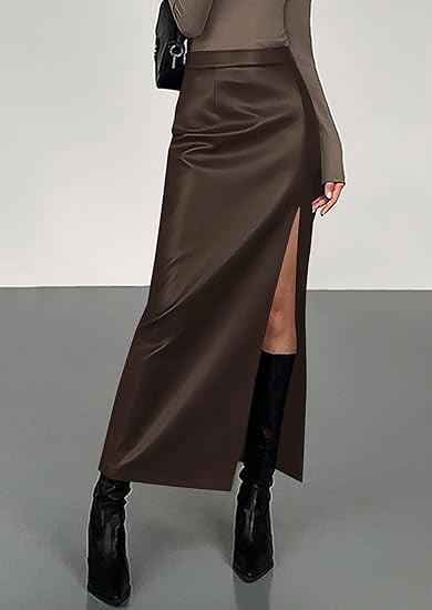 PRETTYGARDEN Womens Faux Leather Skirt Fall Bodycon High Waisted Slit Dressy Casual Winter Maxi Long Pencil Skirts