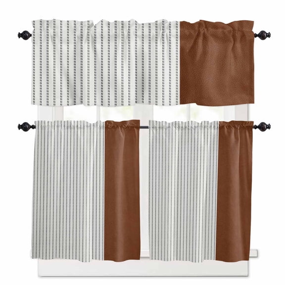 Boho Brown Leather Texture Kitchen Curtains and Valances Set, 3 Piece Kitchen Curtains Set 24 Inch Length, Modern Black Striped Rod Pocket Curtains Tier Farmhouse Window Curtains